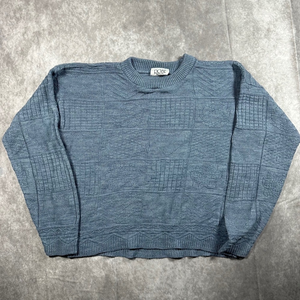 Vintage Rose Women's‎ Medium Boxy Blue Textured Geometric Knit Sweater USA 90s